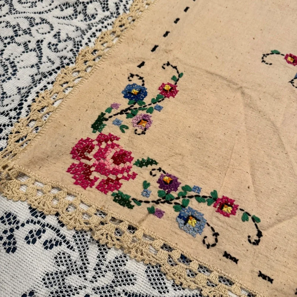 Vintage Embroidered Table Cloth Colorful Floral Cross Stitch Crochet‎ Edge 48x53